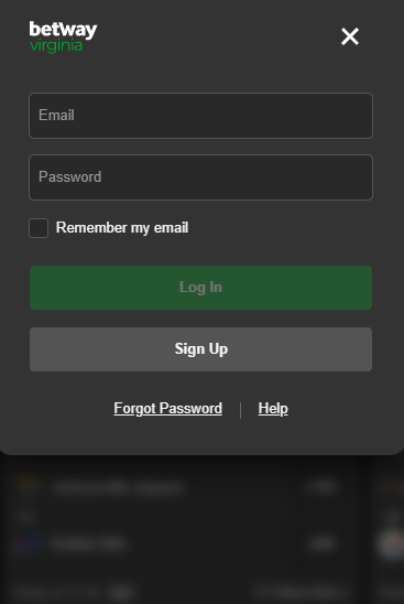 Betway log in form on the mobile website