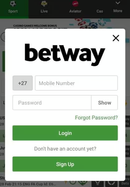Betway log in form on the mobile app
