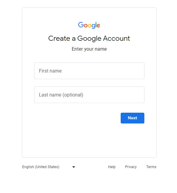 Gmail account registration on desktop