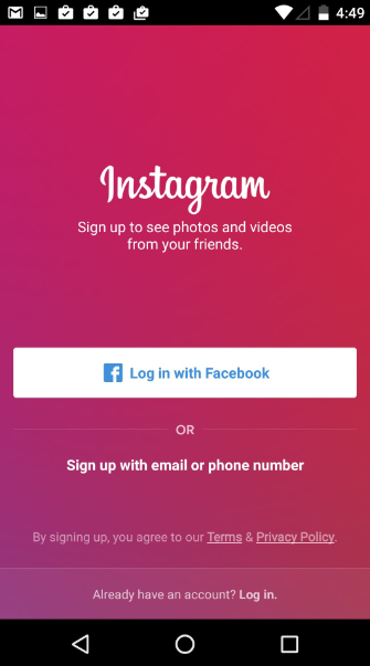 Instagram registration on mobile app