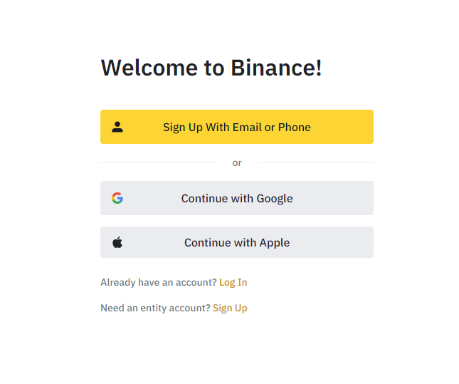 Binance registration page