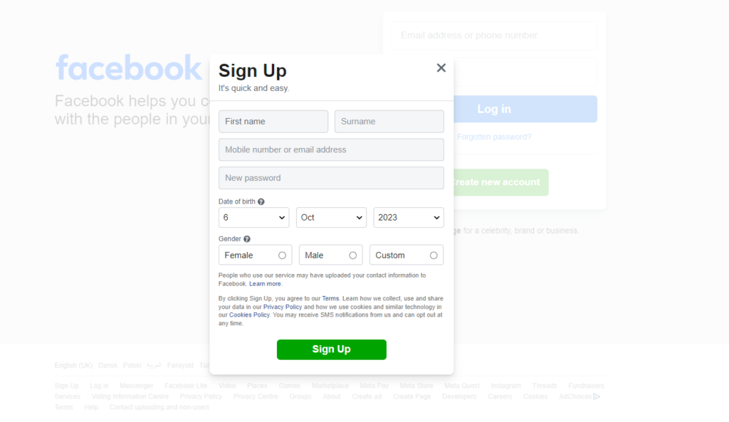 Facebook registration on desktop